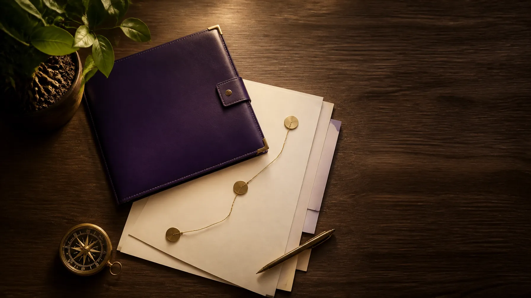 Purple planner, sealed cream envelopes, a compass, a plant, and a pen arranged on a wooden table for housing-support navigation.