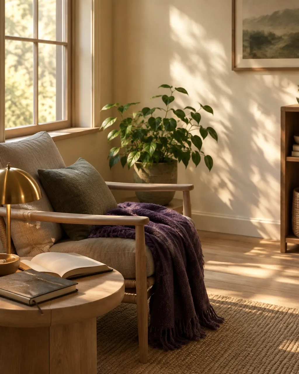 Quiet reading corner with a journal, soft light, and a leafy plant.