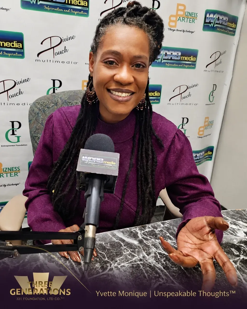 Yvette Monique speaking into a WDRBmedia microphone during Unspeakable Thoughts.